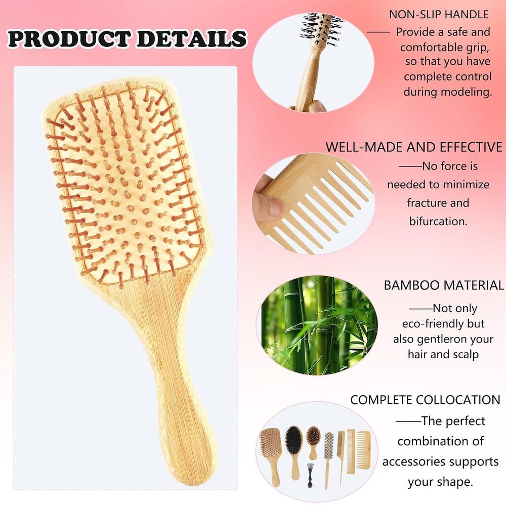 8 Pcs Bamboo Hair Brush Set Natural Wooden Brushs and Comb Kit with Paddle - Picture 3 of 7